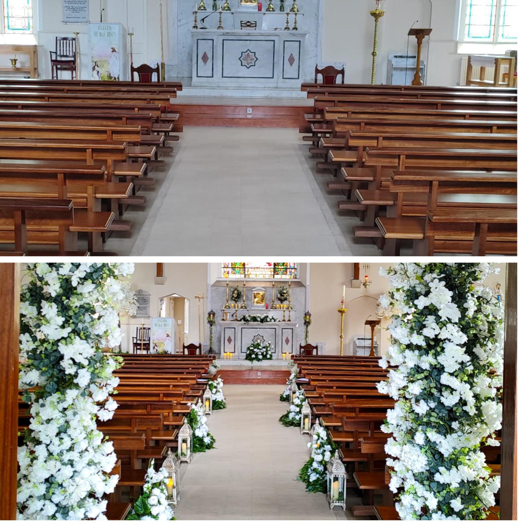 Before and after or meadow package is set up in a church