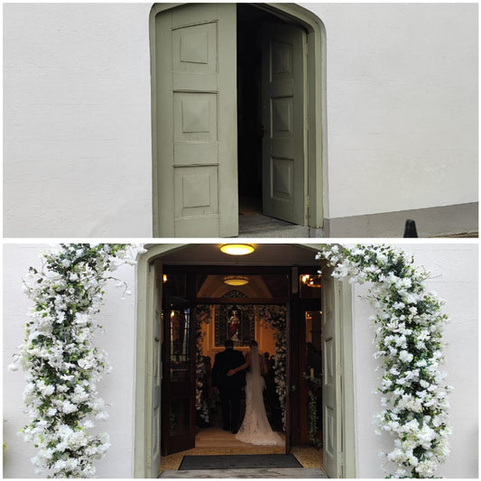 Before and after the decor is added to a church entrance