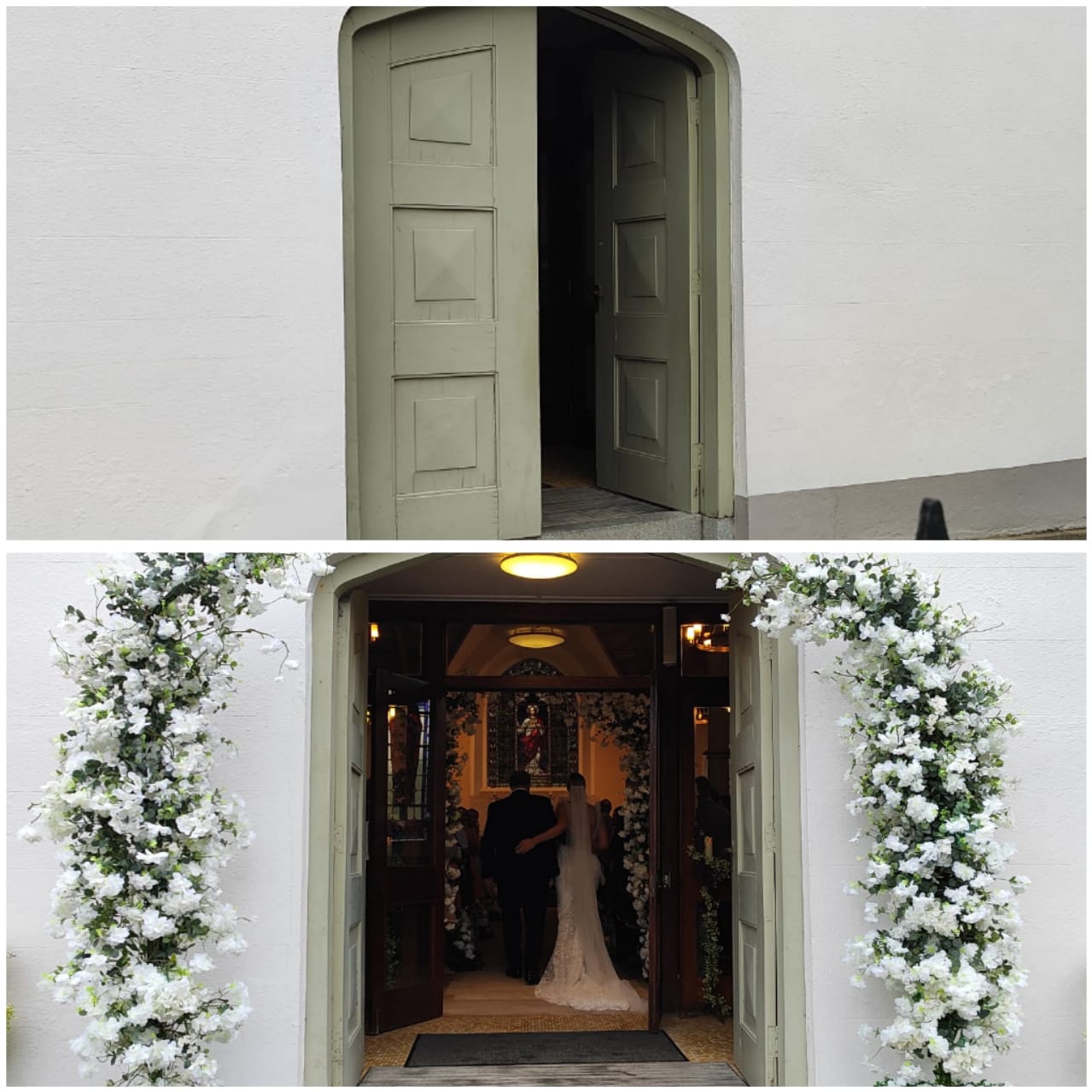 Before and after pictures of the entrance of a church with our meadow package